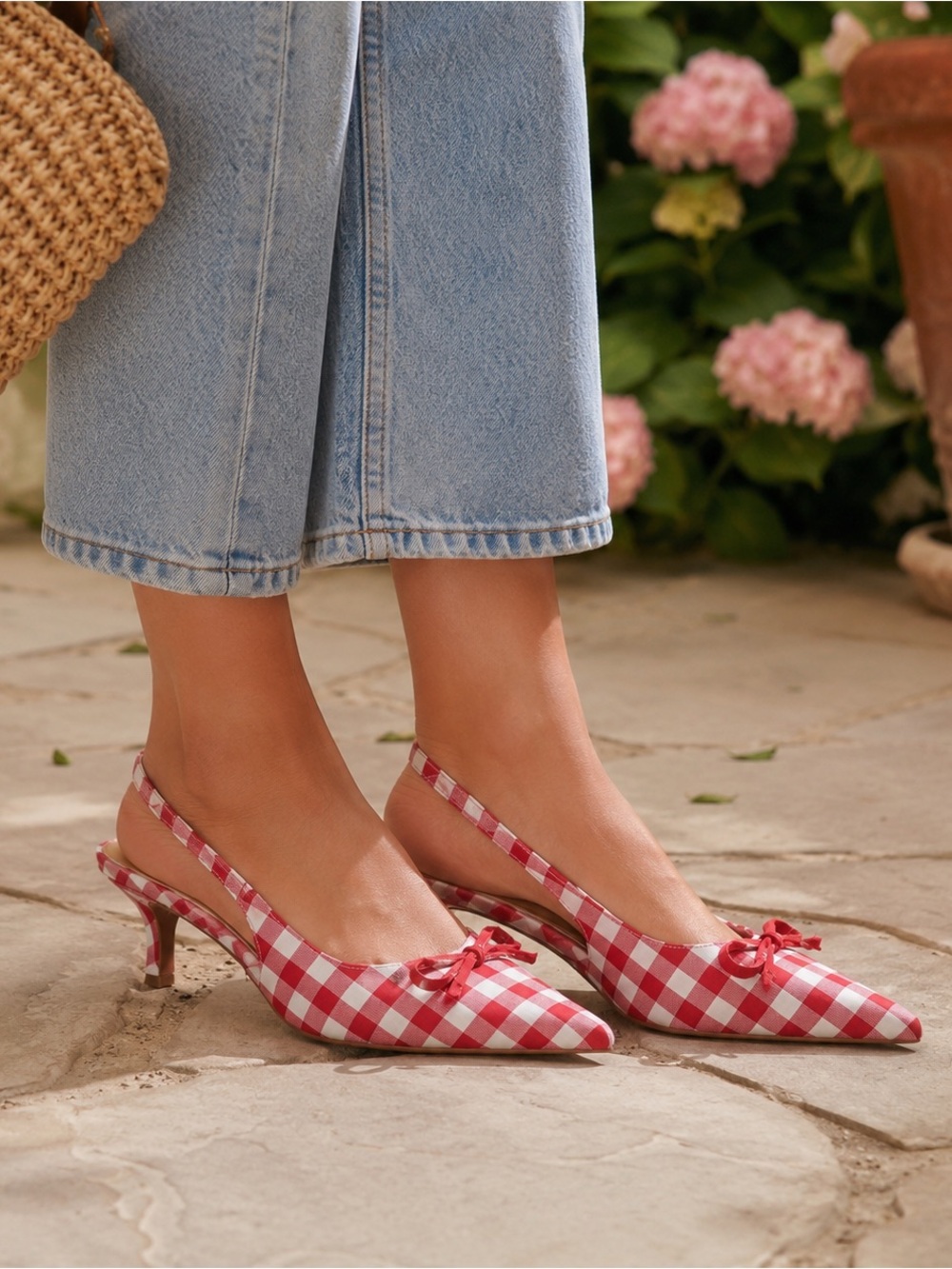 Red Gingham Slingback Kitten Heel Pumps